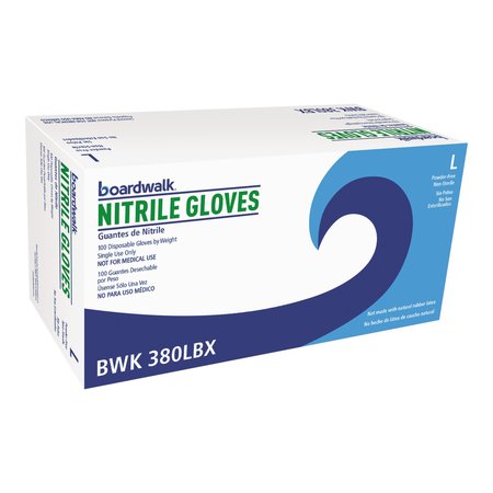 BOARDWALK 380 Series, Nitrile Disposable Gloves, 4 mil Palm, Nitrile, Powder-Free, L, 1000 PK, Blue 380LCTA